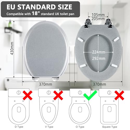 Angel Shield Glitter Toilet Seat Molded Wood Toilet Seat, Quiet Close with Quick Release Adjustable Hinges 45x37cm Oval, Fits EU Bottom-Mount Toilets (Silver Glitter)
