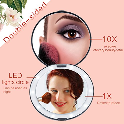 Lighted Travel Makeup Mirror, 1x/10x Magnifying Mirror, Handheld Folding Compact Mirror with LED Lights for Cosmetic, Camping, Personal Use and Travel