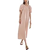 EVAZOU Puff Sleeve Loose Maxi Dress for Women, Summer Autumn Elastic Crew Neck Light Pink Pleated Casual Cute Dresses