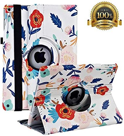 Hsxfl New iPad 9.7 inch 2018 2017/ iPad Air Case - 360 Degree Rotating Stand Smart Cover Case with Auto Sleep Wake for Apple iPad 9.7" (6th Gen, 5th Gen)/iPad Air(White Flower)