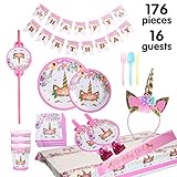 Kingyao Unicorn Party Supplies and Decorations Set 176 Piece for Birthday Party-Serves 16 Guests-Birthday Bunting,Straws,blowouts Whistles,Unicorn Headband,Pink Satin sash for Girls,Unicor (A-Pink)