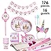 Unicorn party supplies and decorations set 176 piece for birthday party-Serves 16 guests-birthday bunting,straws,blowouts whistles,Unicorn headband,pink satin sash for girls,Unicor (A-pink)