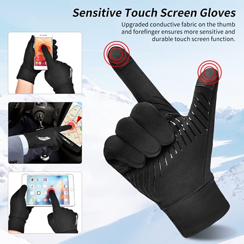 Winter Warm Running Gloves with Grip - Man Woman Touch Screen Thermal Fleece Cold Mitten Black S