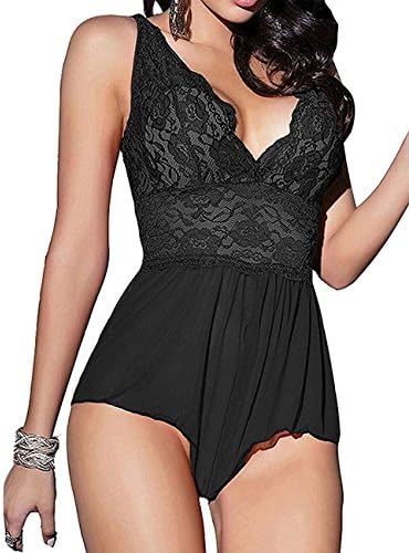 Moonasy Women's Sex Deep-V V Lace Miniskirt Babydoll Nightwear Lingerie (XL, Black)