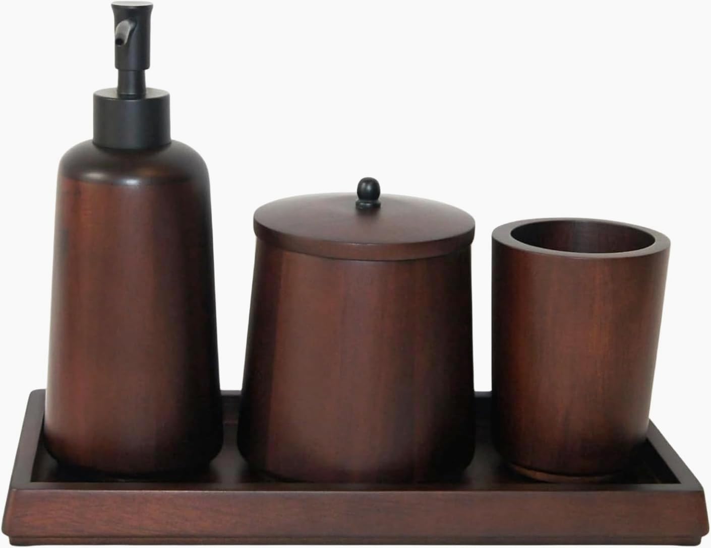 Photo 1 of MIHIRO 4-Piece Solid Acacia Wood Bathroom Accessory Set with Tray, Soap Dispenser, Toothbrush Cup, Cotton Jar, Premium Wooden Vanity Organizer for Countertop Sink Reddish Brown