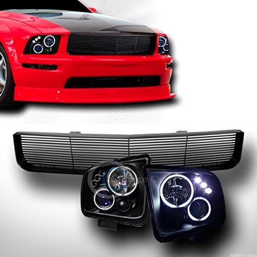 AutobotUSA BLK CCFL HALO LED PROJECTOR HEADLIGHT+BUMPER GRILL GRILLE H 2005-2009 MUSTANG V6