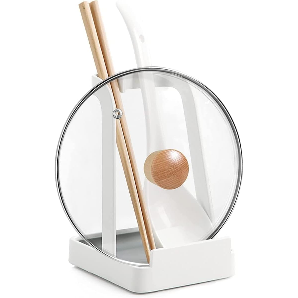 Rievem Pot Lid and Cooking Spoon Stand Steel Kitchen Pot Lid Holder Multifunctional Tray for Pan Lid Cooking Spoon Spatula Cookbook Tablet (White)