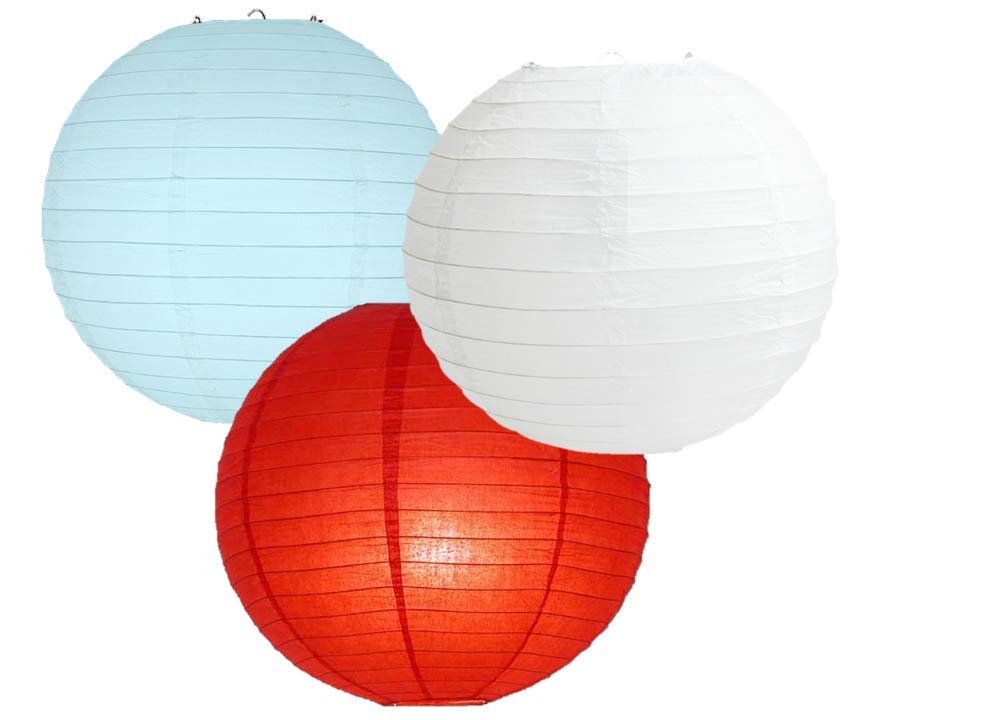 Paper Lanterns Mix Color Packs of 3 Round Paper Lanterns Lampshade (Red Blue Shade, 10" (25 Cm))
