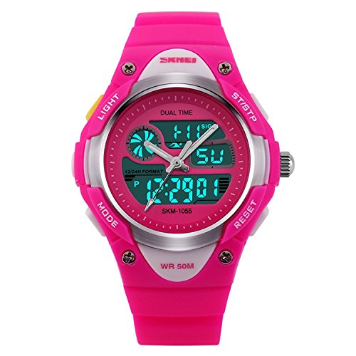 Girls Watch , Analog Digital Display Outdoor Sports Waterproof Alarm Stopwatch with Silicone Band Led Dress Watches for Girl Children Gift - Rose