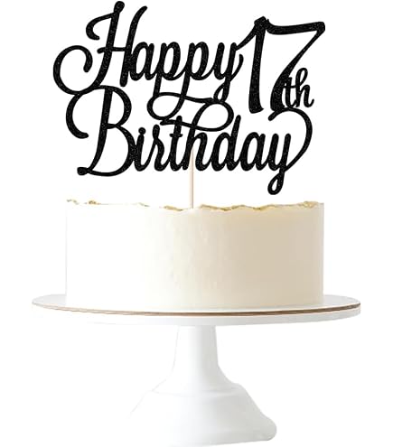Black Gold Glitter Happy 17th Birthday Cake Topper - Pre-Assembled, Cardboard Backing, For 17th Birthday Parties