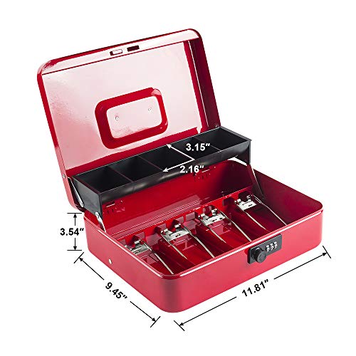 Money Box with Combination Lock, Metal Cash Box with Money Tray, Cash Register,5 Compartments Cantilever Tray & 4 Spring-Loaded Clips for Bills,11.81"x 9.45"x 3.54" Red