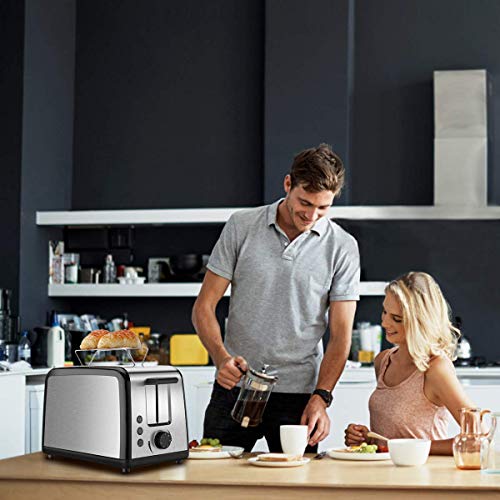 2 Slice Toaster, Compact Brushed Stainless Steel Toasters with Warmer Rack, Defrost Reheat Cancel Button with 7 Browning Settings and Removable Crumb Tray