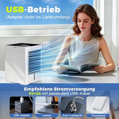 3 in 1 Mobile Air Conditioner, USB Small Silent Air Cooler with Water 470ml, 3 Speed, Timer, Touch Screen, No Drain, Portable Mini Fan for Bedroom, Office, Home
