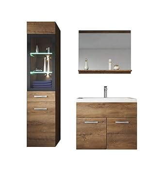 Badezimmer Badmöbel Set Rio LED 60 cm Waschbecken Lefkas (Braun) - Unterschrank Hochschrank Waschtisch Möbel