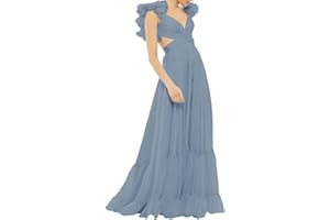 Lawrncedw Chiffon Ruffle Prom Dress for Women V Neck Long Bridesmaid Dresses Backless Formal Evening Gowns A Line