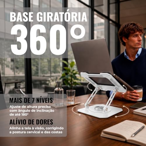 Suporte para Notebook e Laptop de até 17" MTS, Tablets e Celulares, Aço Carbono, Ajustável, Dobrável, Base Giratória 360° e Aberto para Ventilação, Suporta até 10kgs, Ergonômico Portátil (Branco)