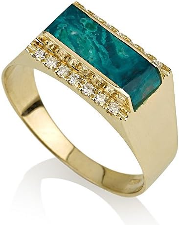 Shiny 14k Yellow Gold Wide Band Rectangular Sides Studded Eilat Stone Ring with Diamonds