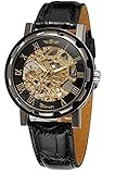 GuTe Classic Steampunk Black Golden Mechanical Wristwatch Hand-wind Skeleton Luminous