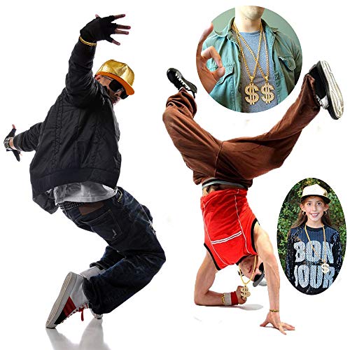 8 Pieces 80s 90s Hip Hop Costume Set Rapper Outfits,2 Adjustable Flat Brim Snapback Baseball Cap 2 Hip Hop DJ Sunglasses 2 Gold Chain with Dollar Sign Pendant 2 Bracelet for Cool Rapper Outfits