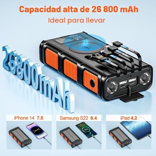 26800mAh Power Bank Solar Inalámbrico con Manivela y 4 Cables, Carga Rápida