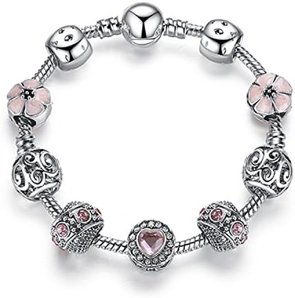 Silver 925 Crystal Four Leaf Clover Bracelet with Clear Murano Glass Beads Charm Bracelet Bangle PS3819 17cm