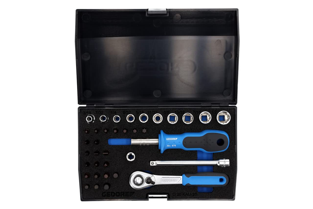 GEDORE 37-piece Socket spanner set, Bi-hex, 1/4", 4-13 mm, Tool, Ratchet with lever reverse bits, for Automotive, D20 KAU 20