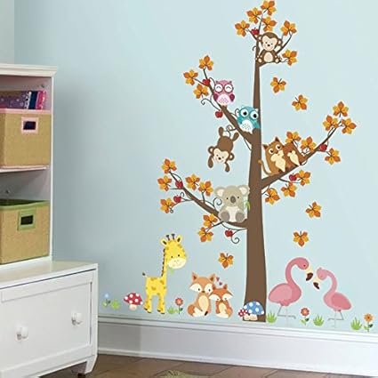 Rqmqrl Belle Forêt Animaux Hibou Arbre Fleurs Wall Sticker