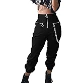 Gothic Women's Chain Cargo Pants Goth Fit High Waist Black Trousers Streetwear for Women