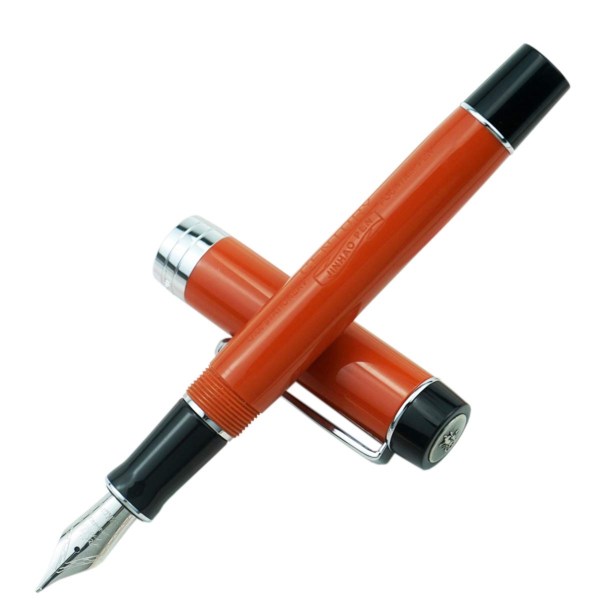 Jinhao Classic Fountain Pen Orange Red Celluloid, Silver Trim Medium Nib with Conveter and Pen Case Set