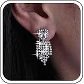 Yheakne Vintage Rhinestone Chain Tassel Earrings Silver Tennis Chain Earrings Crystal Cz Heart Ear Jacket Earrings Wedding Crystal Chandelier Earrings Jewelry for Women