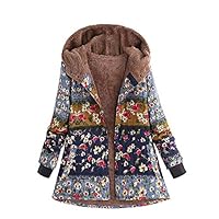 JOFOW Womens Long Coats Jackets Hooded Floral Print Color Block Patchwork Fleece Lined Loose Warm Padded Parka Plus Size Blue