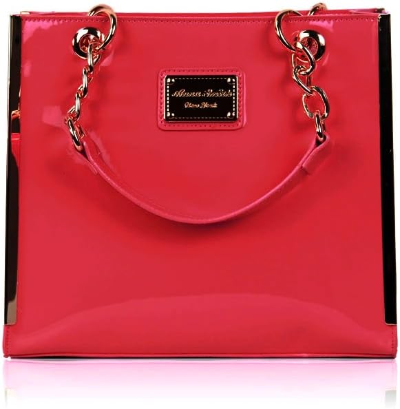 Mini Tote Bag with Twin Leather Chain Details Straps Anna Smith with Zipper Pockets and Optional Shoulder Strap(Red)