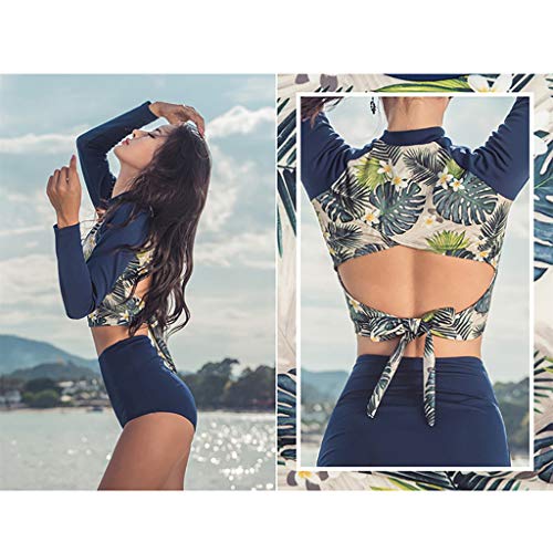 Womens Two Piece Long Sleeve Rash Guard UV Protection Surfing Wetsuit Floral Printed Crop Top Swimsuit with High Waisted Tummy Control Swim Bottoms Springsuits