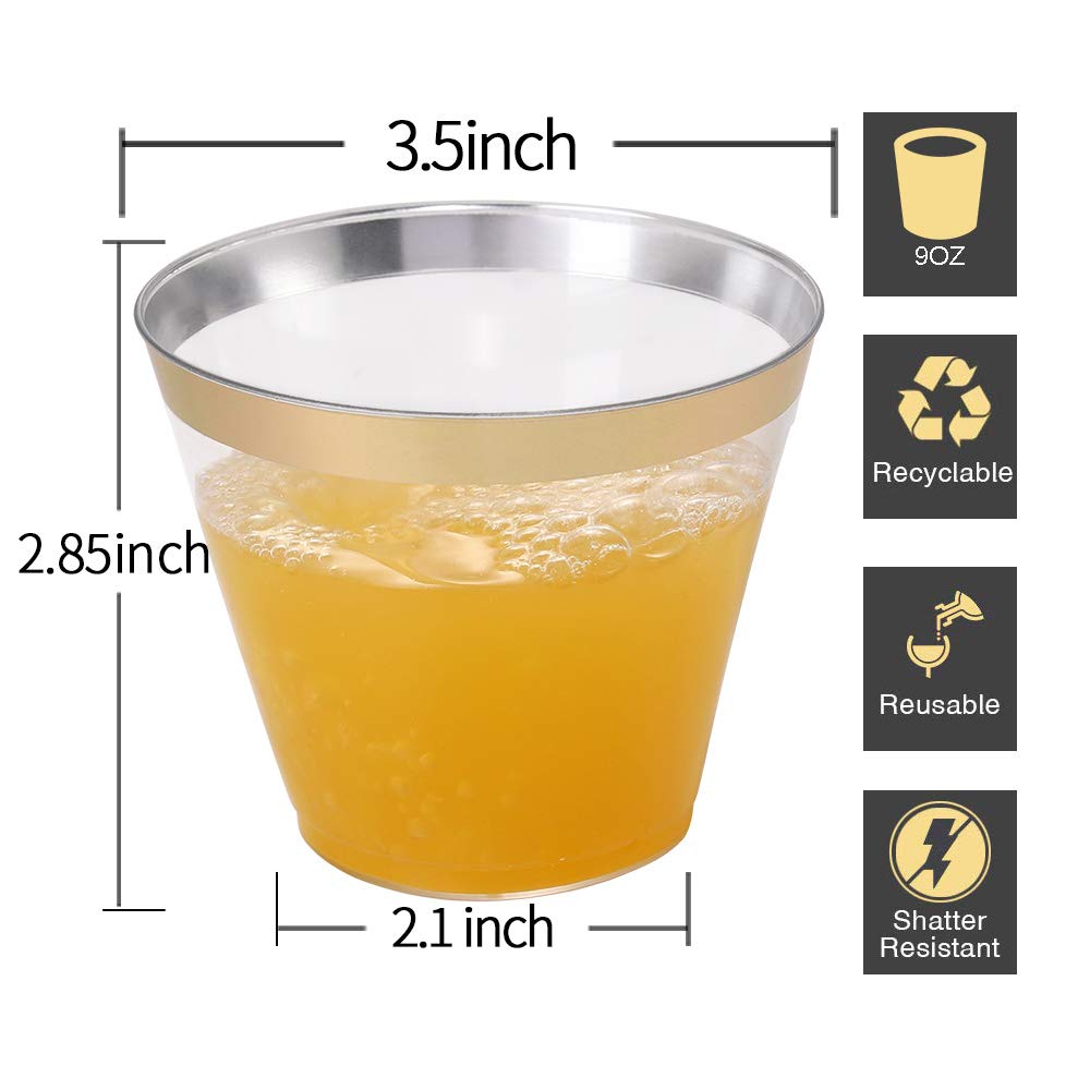 I00000 200 Pack Gold Rimmed Plastic Cups, 9 Oz Clear Disposable | Wedding Cup | Elegant Party Cups | Wine Glasses | Cocktail Glasses | Drinking Tumblers
