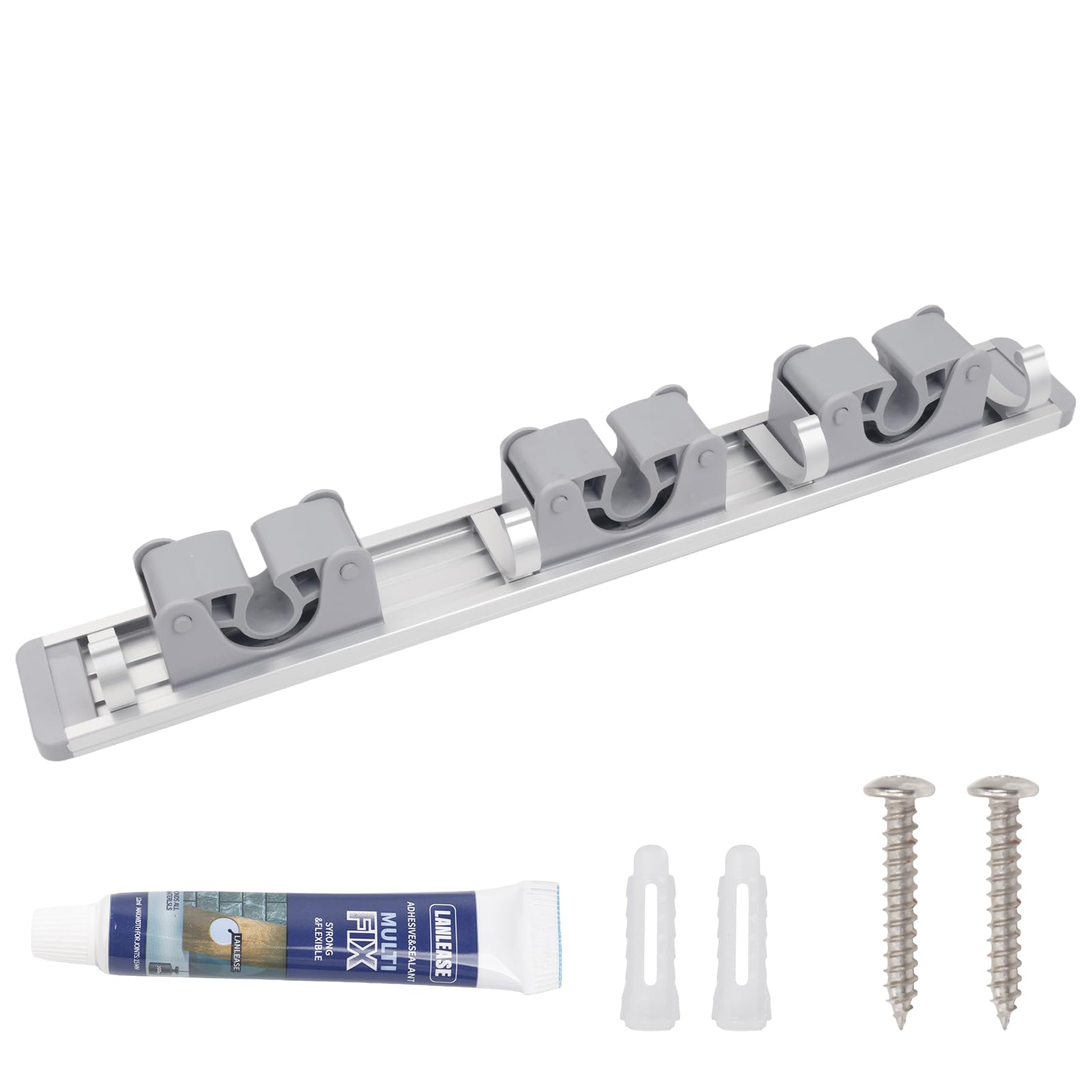 Andux Broom Mop Holder Broom Storage Wall Mounted Wall Mount Tool Organiser for Kitchen, Bathroom Garage Garden Broom Storage Wall Tool Rack TBJ-01 (Grey,3 slots 4 hooks)