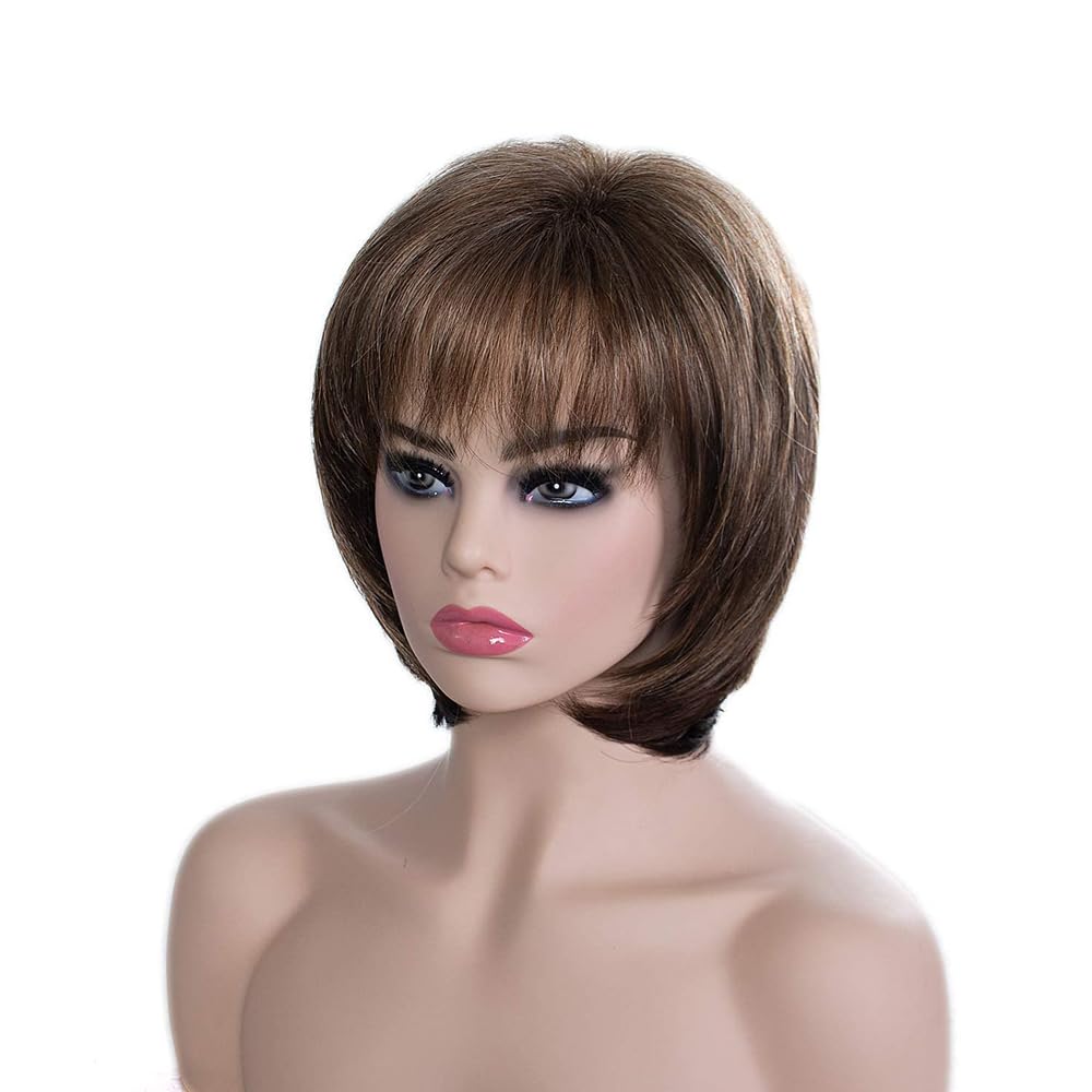 YuanYouTong Short Dark Brown Wig for Women, Pixie Cut Wig with Bangs, Ombre Brown Mixed Blonde with Dark Roots, Natural Looking Layered Straight Synthetic Hair Wig for Cosplay Party Daily Use