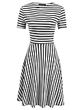YOUNG RONG Women Round Neck Short Sleeve Casual Dresses,White&black,Small