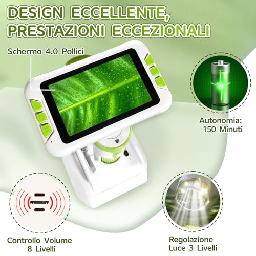 Charmofun Children's Microscope, Digital Microscope with 64GB Memory Card, Portable Microscopios for Children with 4 Inch LCD Screen, 1600X Magnification, Photo and Video, Portable and Fixed Function