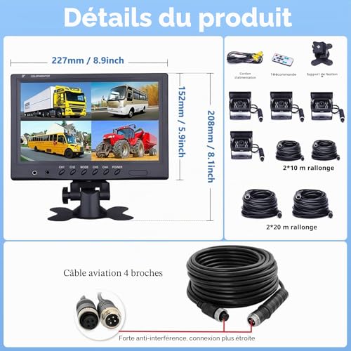 Vehicle Reversing Camera - Camecho 9"/9 Inch Monitor 4 Split Front View, Rear View Camera Truck 18 IR Waterproof Night Vision with 0.6 x 10.1 m and 0.6 x 19.8 m Cables for RV, Trailer, Bus