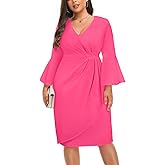 Talisea Women Plus Size Work Dress - Semi Formal Wedding Guest Church Business Office Interview V Neck Bell Sleeve Dress