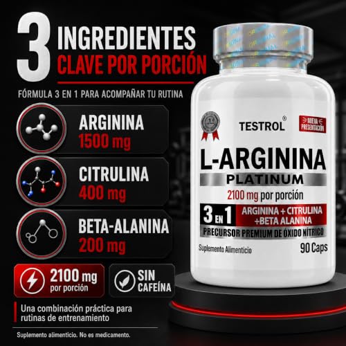 Arginina Platinum 2100mg por porción | L Arginina + L Citrulina + Beta Alanina | Pre Workout | Pre Entreno sin Cafeina | Precursor de Oxido Nítrico | Testrol TSN (90 Cápsulas).