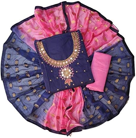 Women's Cotton Silk Handwork Dress Material (Navy Blue Color Free Size)