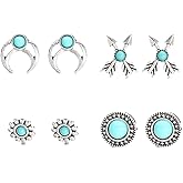 Western Turquoise Stud Earrings Set for Women Natural Turquoise Bohemian Cactus Cow Leaf Flower Wing Earrings Boho Boot Hat Stud Earring Vintage Jewelry Gifts