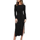 ANRABESS Womens Long Sleeve Sweater Dress Crew Neck Slim Fit Slit Tie Waist 2025 Ribbed Knit Bodycon Midi Dress Fall Outfits