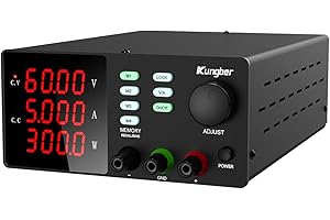 Kungber DC Power Supply Variable with Memory, 60V 5A Adjustable Switching Regulated DC Bench Linear Power Supply with Memory Recall and Output Disable Button 4 Digits Display and Alligator Leads