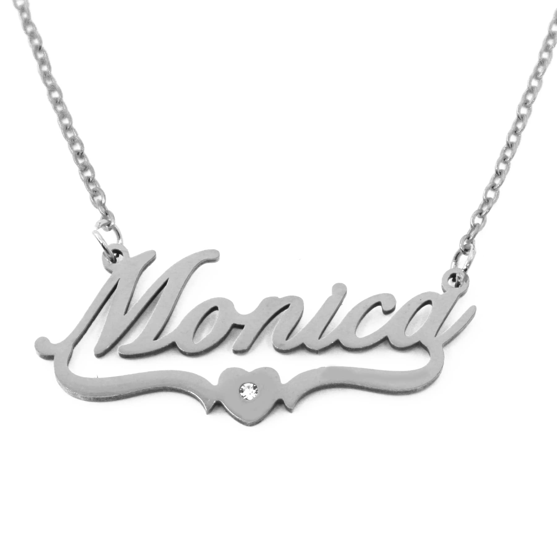 Kigu Monica Personalised Heart Shaped Name Necklace Silver Tone, Custom Dainty Name Pendants, Jewellery for Ladies, Girlfriend, Mother, Sister, Friends