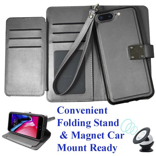 for 5.5" iPhone 8 + PLUS case iPhone 7 +PLUS Case Phone Case Tortilla Wallet Wrap Detachable Bumper Stand Pouch Purse Screen Flip Cover (Black) - Thumbnail 4