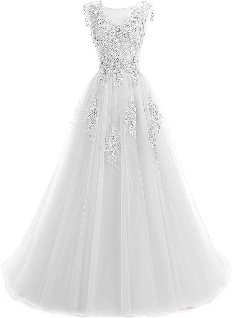 Ever Girl Women's Sweep Lace Appliques Scoop Collar Tulle A-Line Prom Dresses