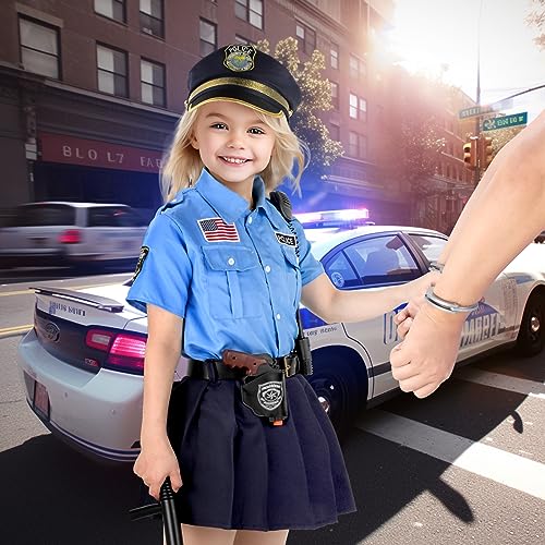 Girls Police Officer Costume Set For Kids - Halloween Dress Up Role Play Kit With Hat, Shirt, Skirt, Handcuffs