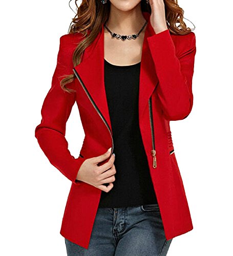 Women's Autumn Oversize Slim Fit Bodycon Zipper Suit Coat Jacket Blazer Outwear US 8-10 Red